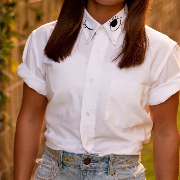 Salty Cold Brew Tops - Hand Embroidered Eye Collar Shirt